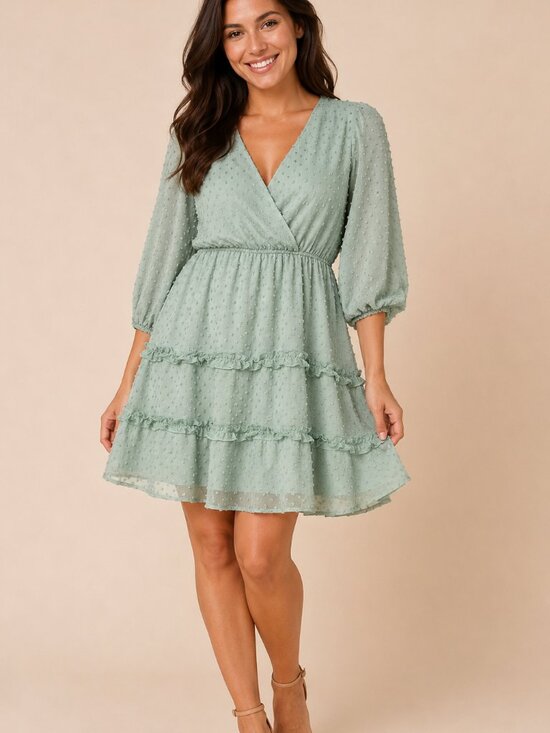 NAIF Dresses & Skirts - Naif Mint Green Swiss Dot Tiered Ruffle Dress Size M Boho Wrap V-Neck Cottagecor